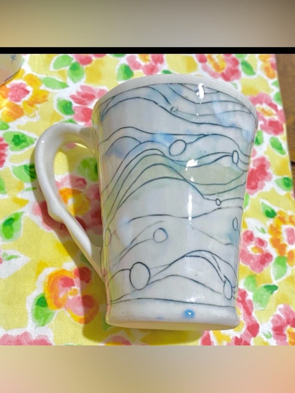 Studio Pottery Mug of ocean blue, green & black lines & circles. Unique handle.